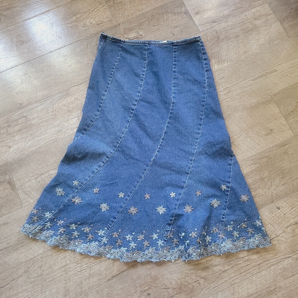 Vintage Blue Denim Skirt with Floral Accents